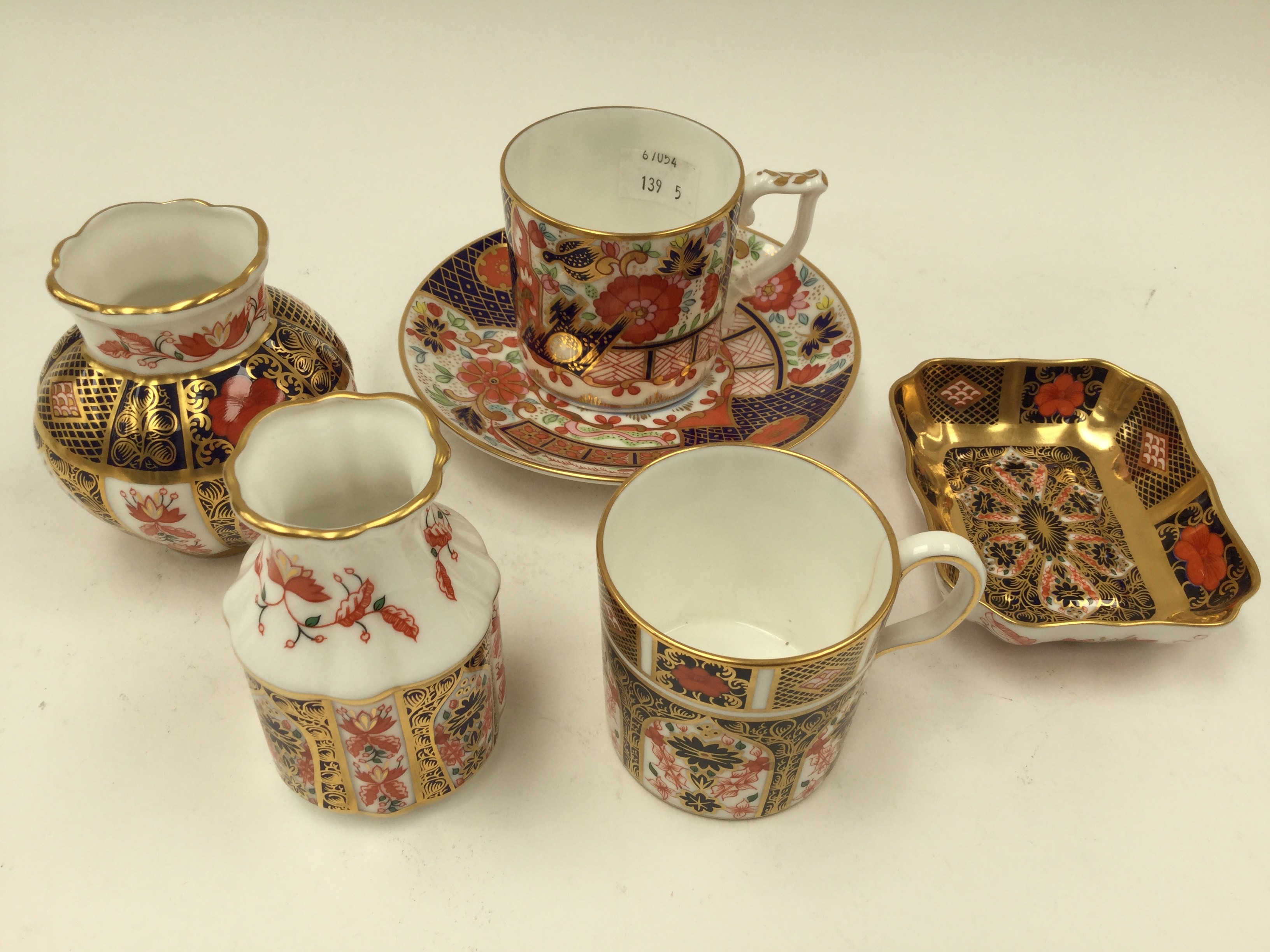 Royal Crown Derby Imari 1128 coffee can and saucers, trinket dish,