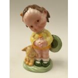 A Shelley 'Mable Lucie Atwell' figure of a young girl with a cat, 16cm high,