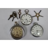 Silver pocket watch including keys and two further pocket watches (4)