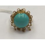 A Chinese 14k gold ring, set with a large cabochon turquoise, size approx 13mm,