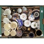 A collection of various ceramics, including Royal Commemorative mugs,