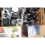 A box of camera accessories to include tripod fittings, camera cases, Tamran SP90mm F2.