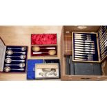 A box set of silver collared fish knives and forks, cased set of EPNS Walker and Hall soup spoons,