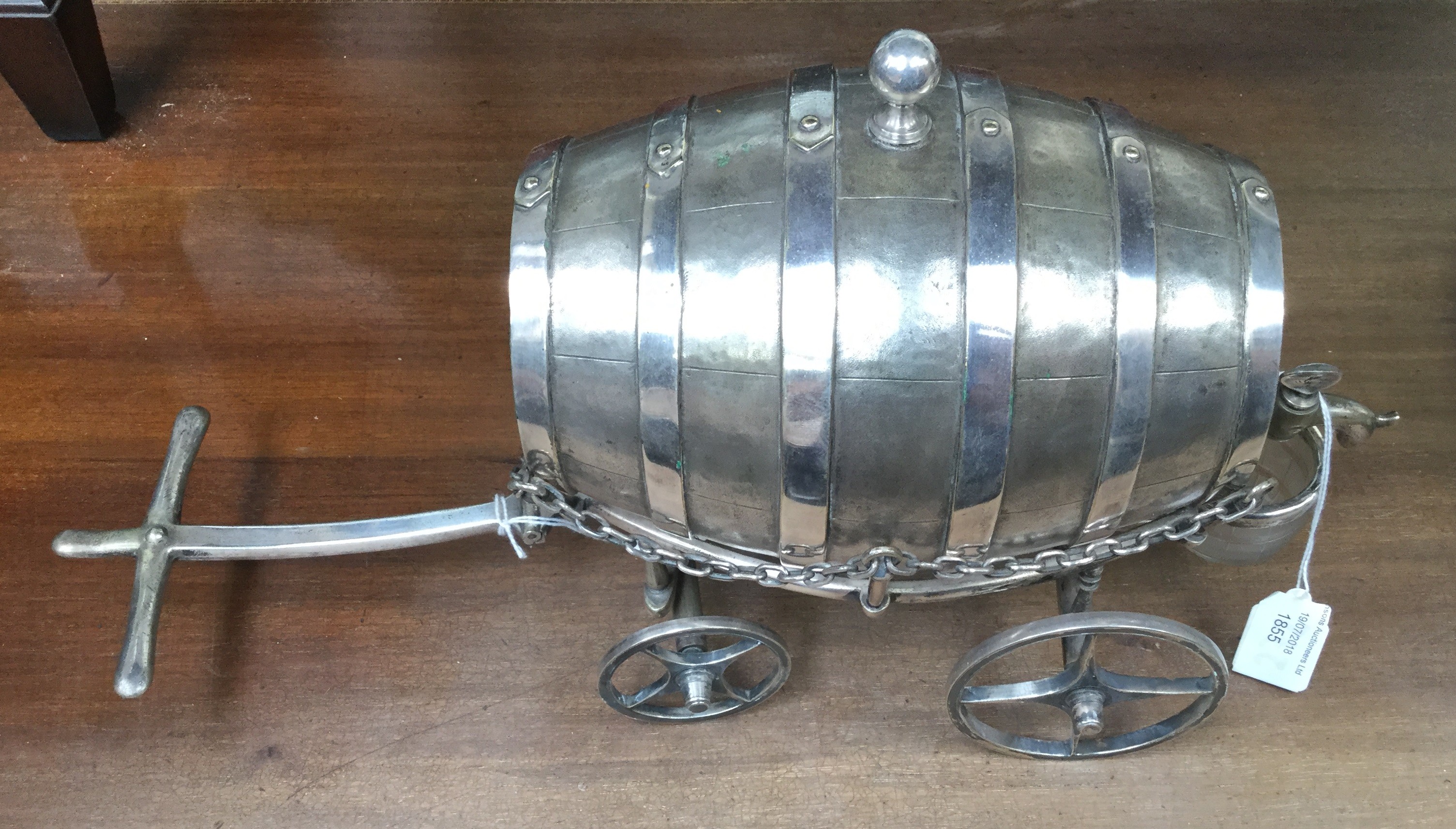 A large Victorian silver plated novelty spirit barrel, by Fenton Brothers, Sheffield, c.