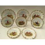 Eight Royal Crown Derby hand painted cabinet plates, depicting hunting scenes, signed by 'J.