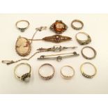 A 9ct gold cameo brooch, two Edwardian Sweetheart brooches, and eight various 9ct dress rings,