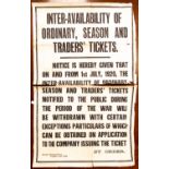 Original Railway Information Poster / WW1 Interest: An original lithographic railway poster