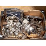 A box of plated ware including galleried trays, candlesticks, tankards,