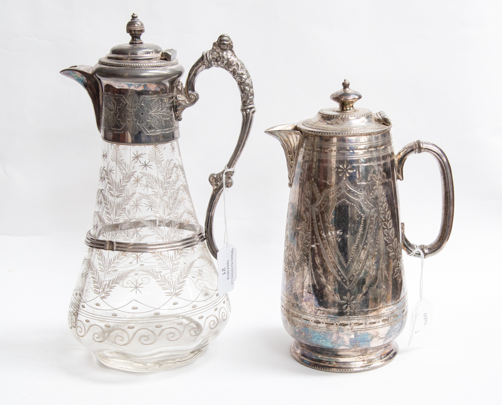A Claret jug, etched glass with silver plated top and handle, - Image 3 of 3