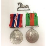 WW2 British War Medal and Defence Medal complete with ribbons and a white metal 3rd Hussars