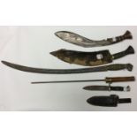 Two Kukri knives: one without scabbard with plated 32cm blade and one with scabbard a/f without the