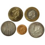 Half Sovereign 1905 with India One Rupee 1918, Germany Five mark 1935 and UK Two Pounds 1996, 2007.