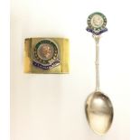 An EPNS Spoon with enamel "HMS Marshall Soult" and a brass napkin ring with the same design.