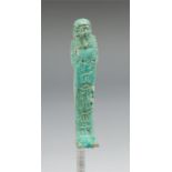 Egyptian faience shabti, Late Dynastic Period, C. 664 - 332 BC. An unusual thin Egyptian shabti