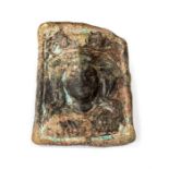 A large rectangular flat plate cast in solid bronze which depicts a female face. 52mm. Ex. Private