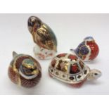 Royal Crown Derby paperweights tortoise gold stopper, pheasant collectors guild gold stopper, robin,