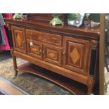 A French style parquetry veneered sideboard, brass galleried top,