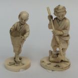 Two Japanese carved ivory fishermen, signed to base,