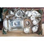 A collection of assorted silver plated ware, comprising teapots, hot water jug, coasters, tureen,