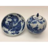 A Chinese blue and white Dragon dish with a globular vase and cover,