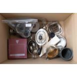 A box of assorted silver plated ware to include small silver pill box, small trophies,