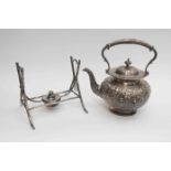 A Victorian embossed silver plated kettle on spirit burner stand,