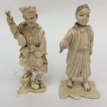 Two Japanese early 20th century carved ivory male and female figures, signed to base, approx 4.