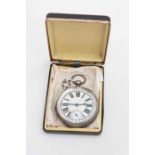 A 19th Century Swiss silver pocket watch with white enamel dial and Roman numerals.