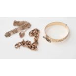 A 9ct gold gate bracelet (af), a 9ct rose gold link bracelet (af) and a rolled gold bangle,