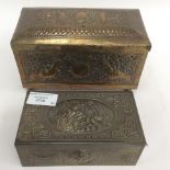 An Indian 19th century brass box, raised on ball feet with animals and flora punched decoration,