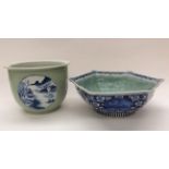 A Chinese blue and white cache pot with Celadon ground;