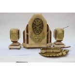An Art Deco Darbier marble garniture clock set,