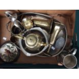 A gallery tray with Indian EPNS tea service, a pair of Indian brass vases and small tumbler,