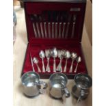 Oneida part canteen of cutlery with three Gaskin & Chambers pewter tankards (4)