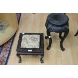 A Chinese hardwood carved plant stand, together with a square sectioned hardwood footstool,