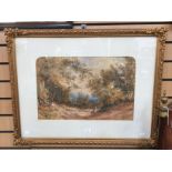 A mid Victorian watercolour, depicting figure in a wooded landscape gathering wood,