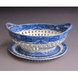 A Staffordshire Pearlware Blue and White Basket and Stand. Printed with Oriental Landscapes.