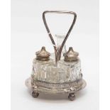 London silver and cut glass condiment set,