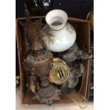 Collection of metalware including oil lamp and large brass and copper bucket and bowl etc