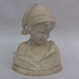 White marble carved bust of a young boy wearing night cap,