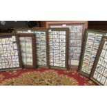 Ten framed collections of Ogdons cigarette cards including Players, along with birds eggs,