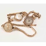 Three ladies 9ct gold wrist watches and straps (1 bag)