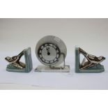 Art Deco marble and chrome clock with pair of AD book ends