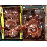 Two boxes of Carnival glass, vases, dishes, pots,