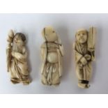 Three miniature oriental male carved ivory figures, approx 2inches high,