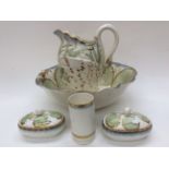 French ceramics, a jug and wash bowl with soap dishes, toothbrush vase,