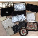 A collection of evening bags to include 1950s tapestry x 2, two silver coloured 1960s bags,