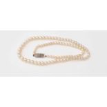 A single row strand of cultured pearls with a diamond set clasp