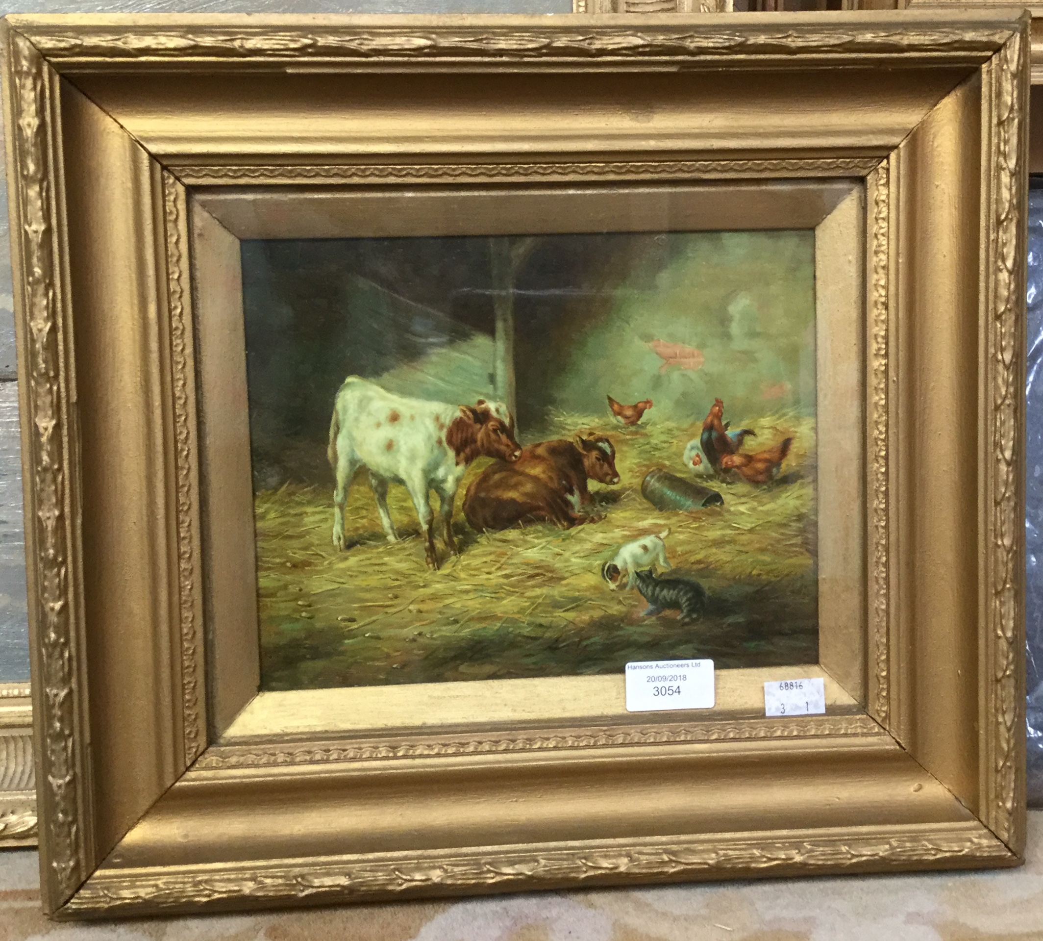 After Edgar Hunt, a farmyard scene, oil on board, 20 by 24cm,