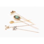 Victorian turquoise with Greek key decoration yellow metal stick pin with opal insect stick pin,